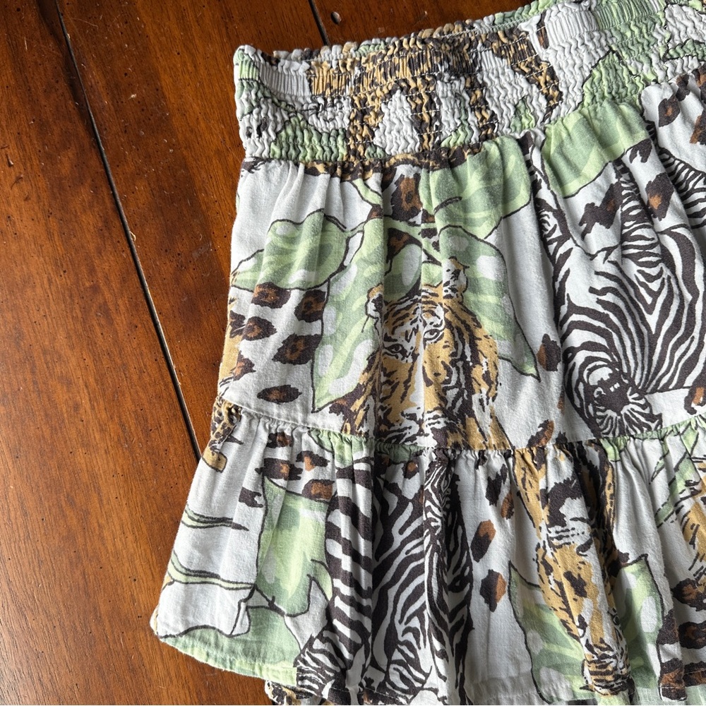 Aerie Linen Jungle Print Hi-Low Mini Skirt Size M | Animal Safari Smocked Waist - Picture 3 of 9